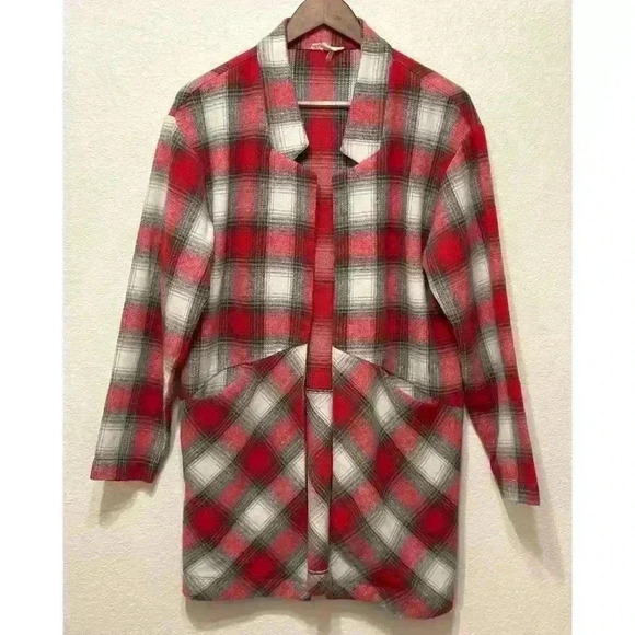 Entro Womens Plaid Flannel Openfront Cardigan Sz M Red White Shacket Lagenlook - Picture 1 of 10